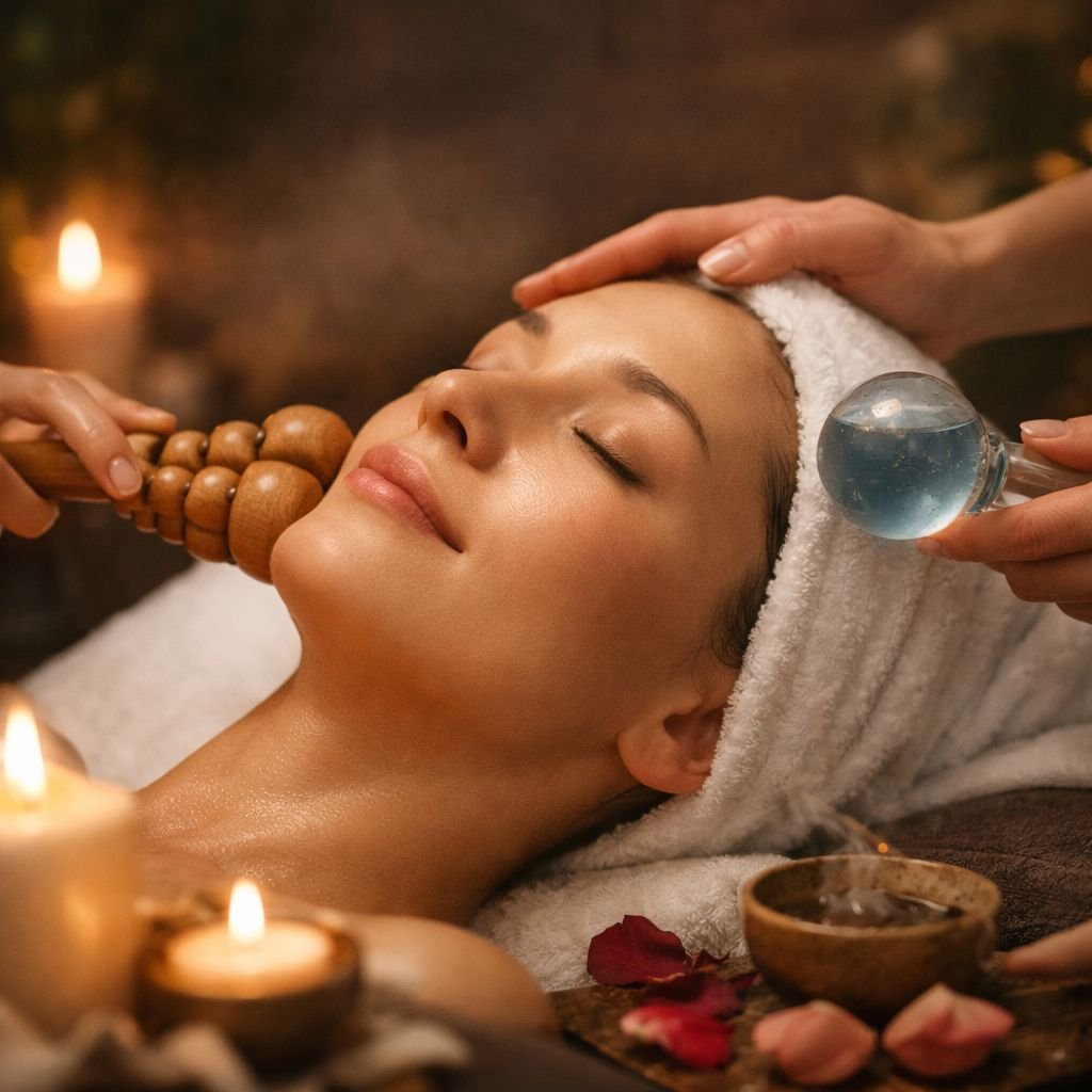 Femme profitant d’un soin du visage relaxant dans un cabinet esthétique, moment de détente et de déconnexion
