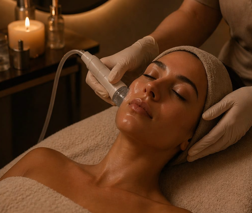 Une cliente qui est en train de faire un soin du visage Aqua peel à l'aide d'ultrasons pour améliorer la qualité de sa peau.