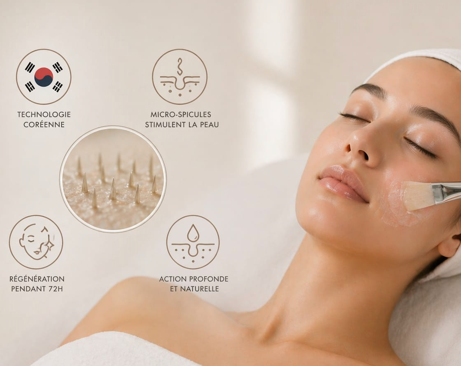 Femme qui prend soin d'elle lors d'un soin du visage. Elle fait un peeling coréen pour améliorer la texture de sa peau.