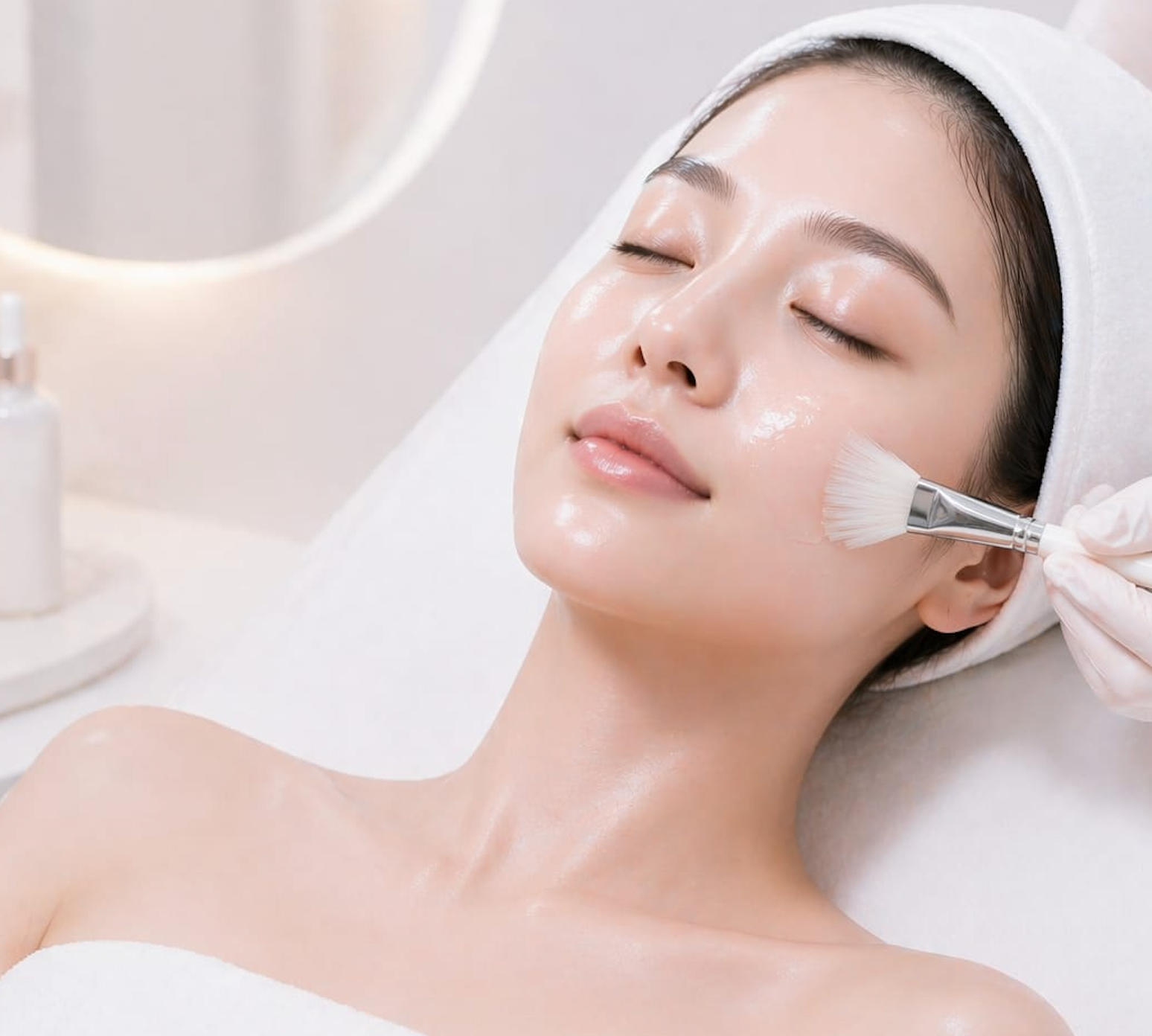 Une cliente qui fait un soin du visage plus précisément un peeling coréen pour donner de l'éclat à sa peau